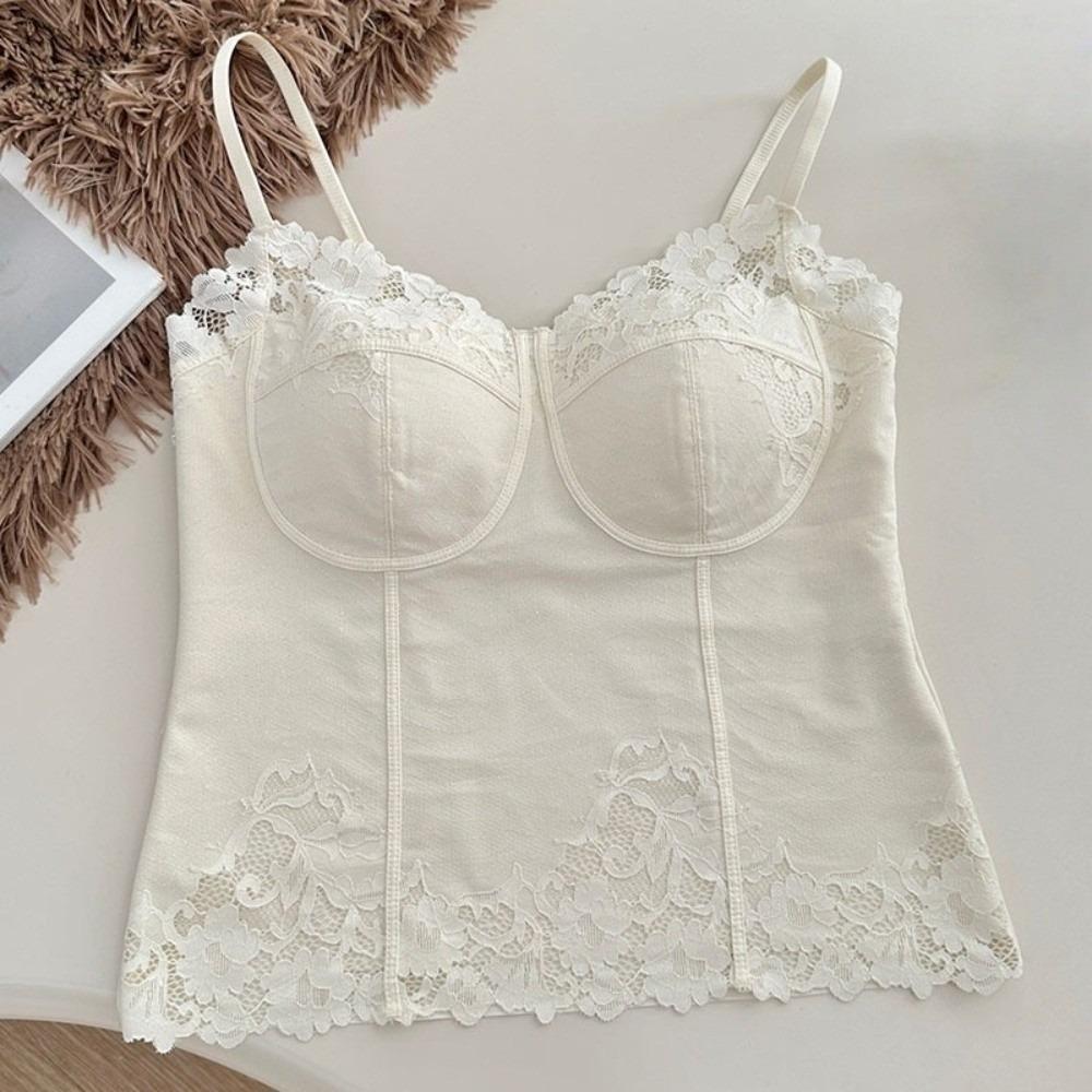 Spicy Girl Style French Style Lace Camisole Sleeveless Fishbone Lace Corset Slim Fit Flower Suspender Vest Spring Summer