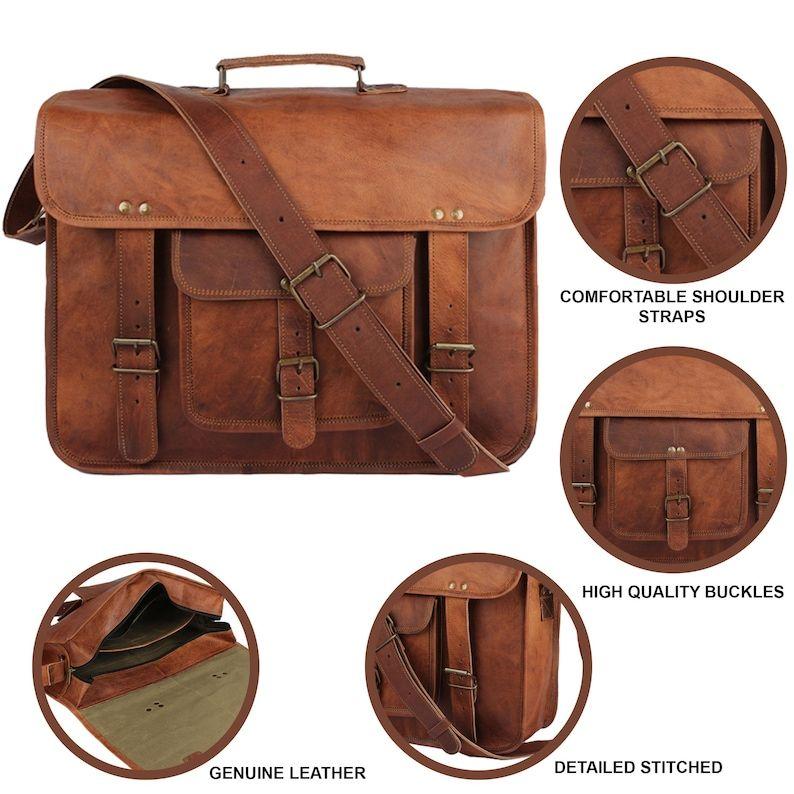 Leather Travel Messenger Office Crossbody Bag Laptop Briefcase College Satchel Computer Best Bag for Men and women Brownd