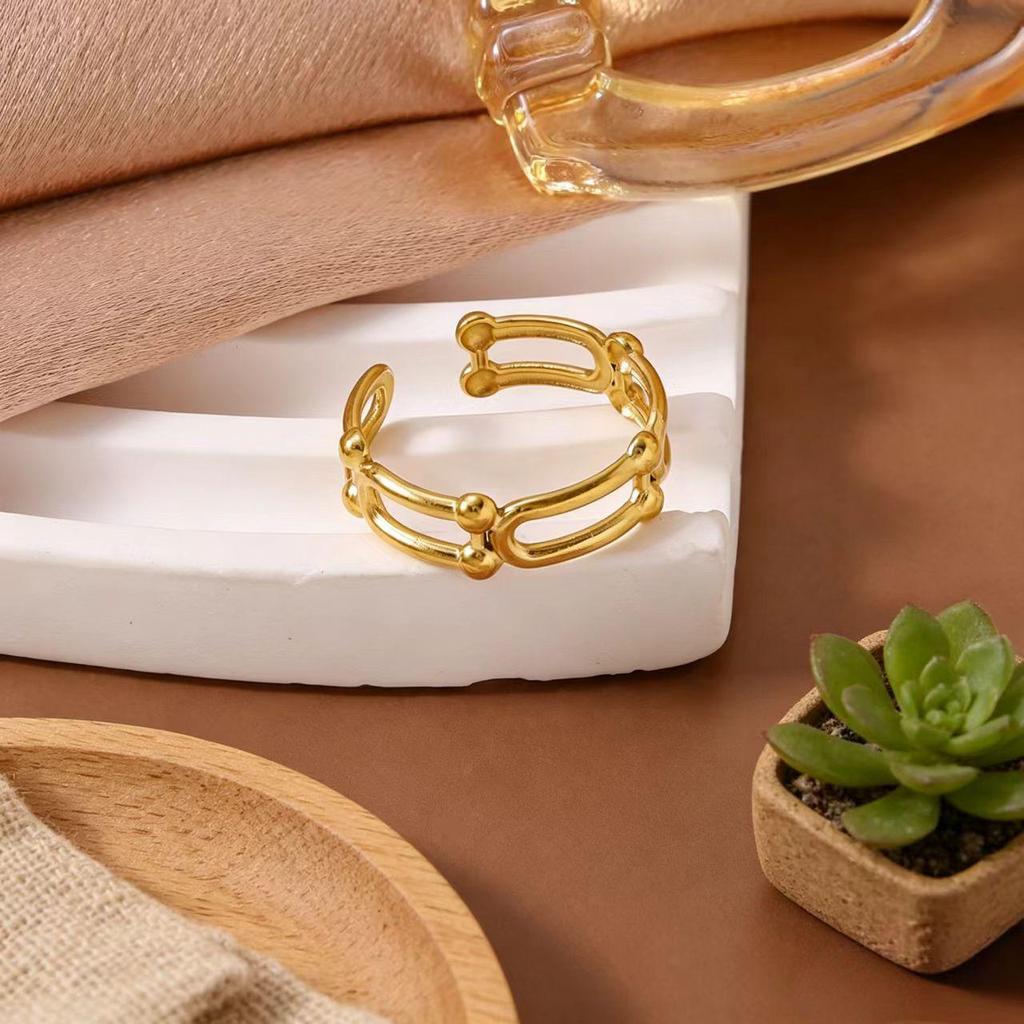 Two-Tone Geometric Hollow Titanium Steel Open Ring - Gold & Silver Adjustable Finger Ring for Women