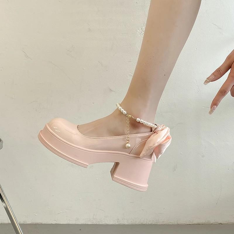 High-heeled Single Shoes Women's New Fashion Thick-heeled Bow Women's Shoes Pearl Casual Mary Jane Shoes