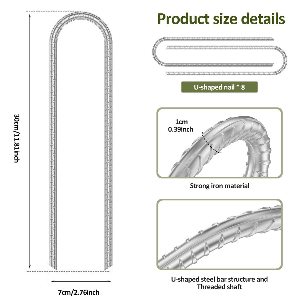 8Pcs Heavy-Duty U-Shaped Wind Stakes Ground Anchor Metal Tent Pegs Trampoline Stakes Fixed Swing Anchor Kits