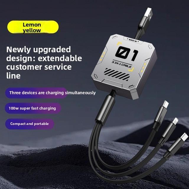 Universal 100w Fast Charging 3in1 Data Cable With Telescopic Design For Apple Huawei Android Devices