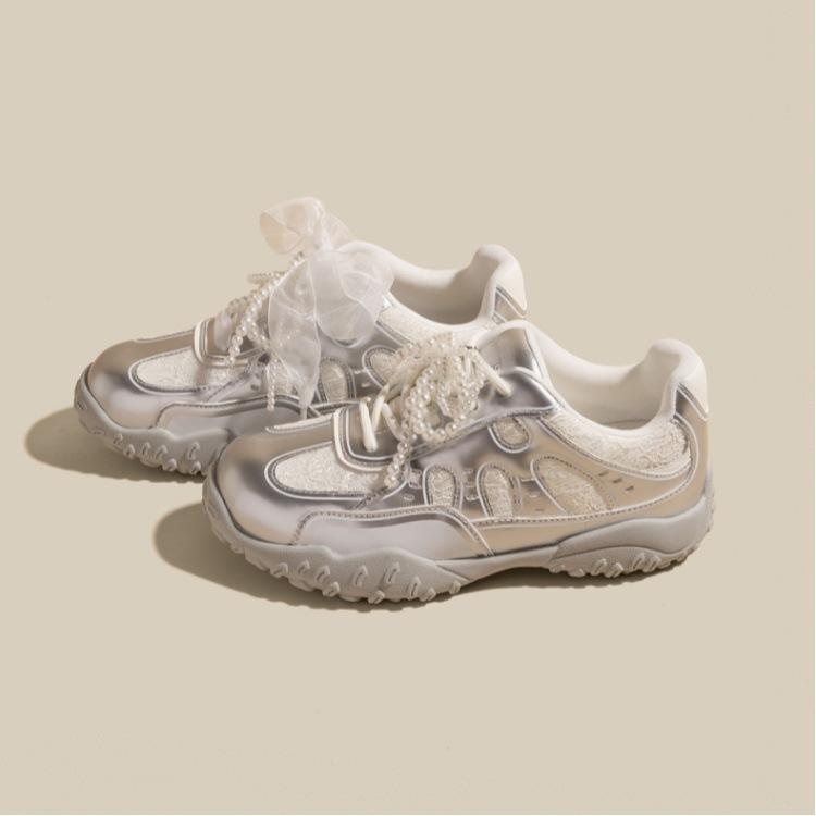 Cowhide version~ 7 cm height increase crescent lace pearl training shoes women's spring casual platform Forrest Gump sports shoes