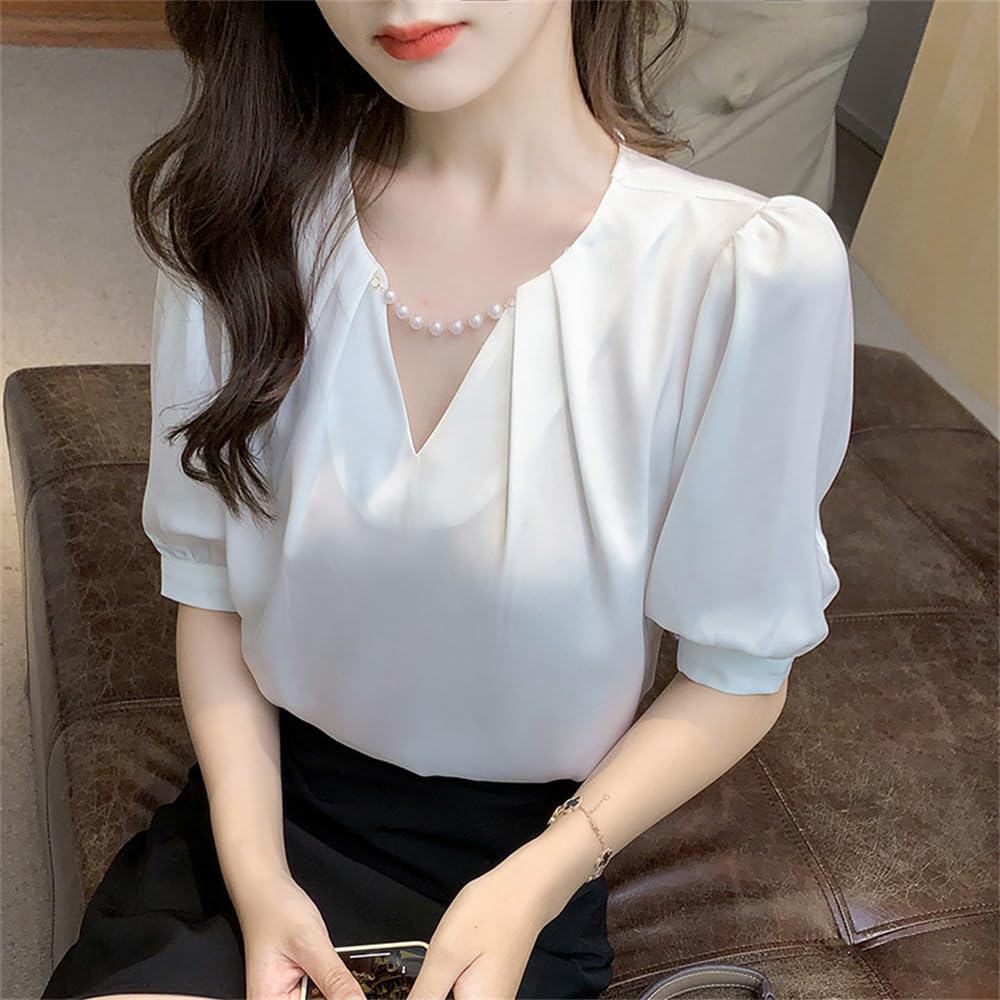 Shirt Blouse Short Sleeve Summer Chiffon Blouse Elegant Tops Loose Fit Covers Adult Stylish Elegant Versatile Everyday Wear Office Casual Commuting