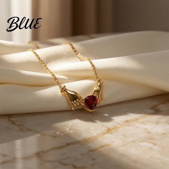 Vintage Style Alloy Necklace Hands Holding Heart Necklace Red Cubic Zirconia Meaningful Valentine Day Jewelry Gold-Tone Romantic Dainty for