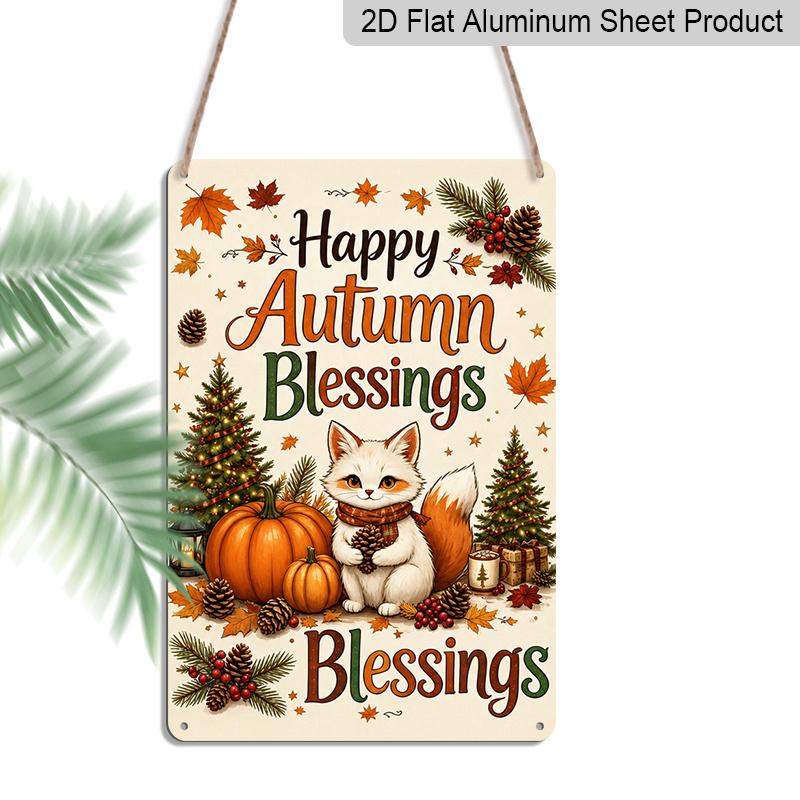 2D Flat Happy Autumn Blessings Cute Fox Pumpkin Maple Leaf Metal Sign - 8.0x12.0inch Aluminum Wall Art, Farmhouse Thanksgiving Halloween