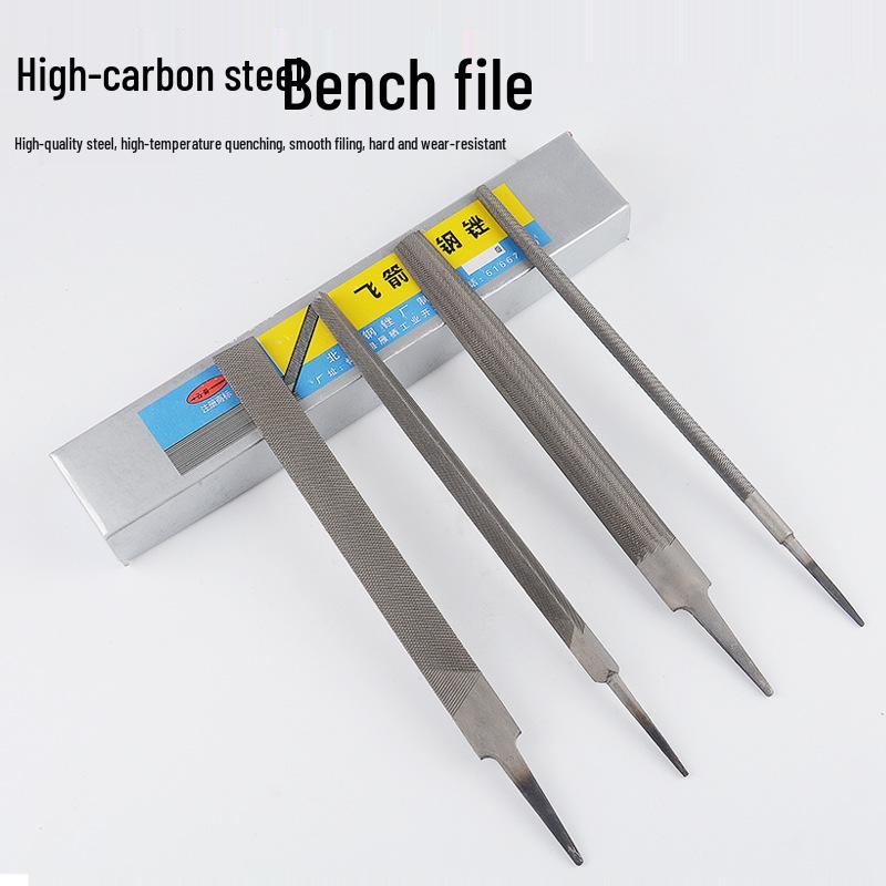 Steel File & Pliers Set: Flat, Half-round, Triangle, Round Coarse/Medium Teeth with Plastic Handle Black and yellow plastic handle 12 inch one piece