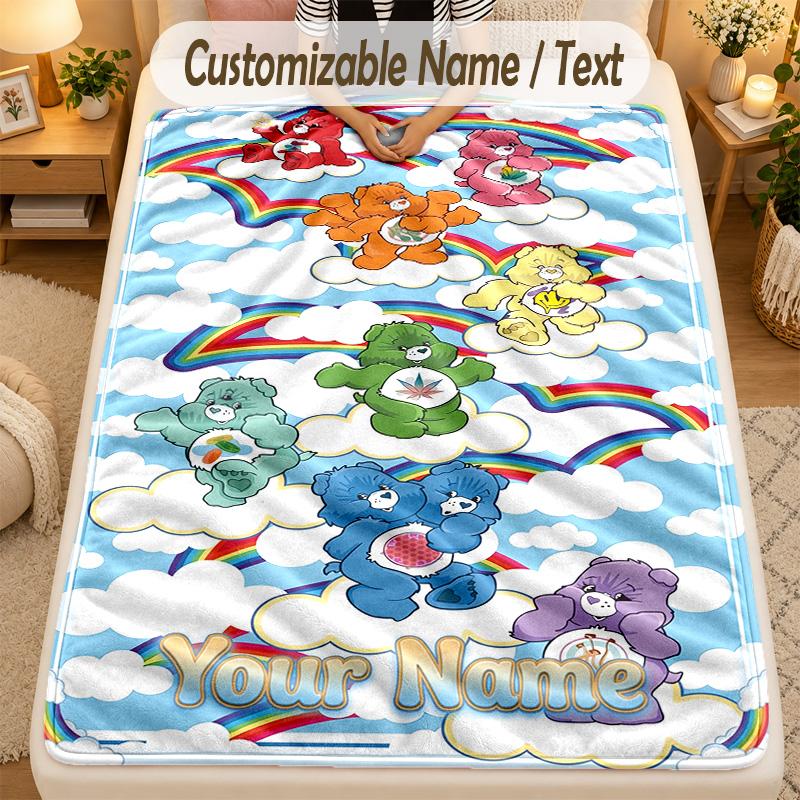 Flannel BlanketCare Bears Custom Name Text Personalized Soft Warm Throw Blanket Home Decor Gift