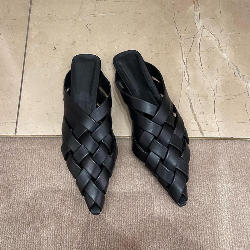 Spot Second Hair~ Leather Pointed Head Bag Head Hollow Woven Half Slippers Women's Summer Flat Bottom Sandals Muller Shoes Sandals