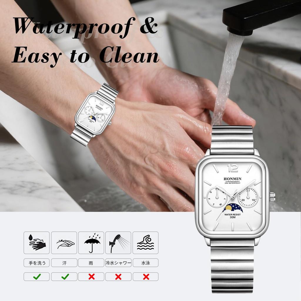 RORIOS Square Analog Watch with and Star Date and Day Watch with Stainless Steel Popular for and Job White Men's Sun, Moon, Display, Display,