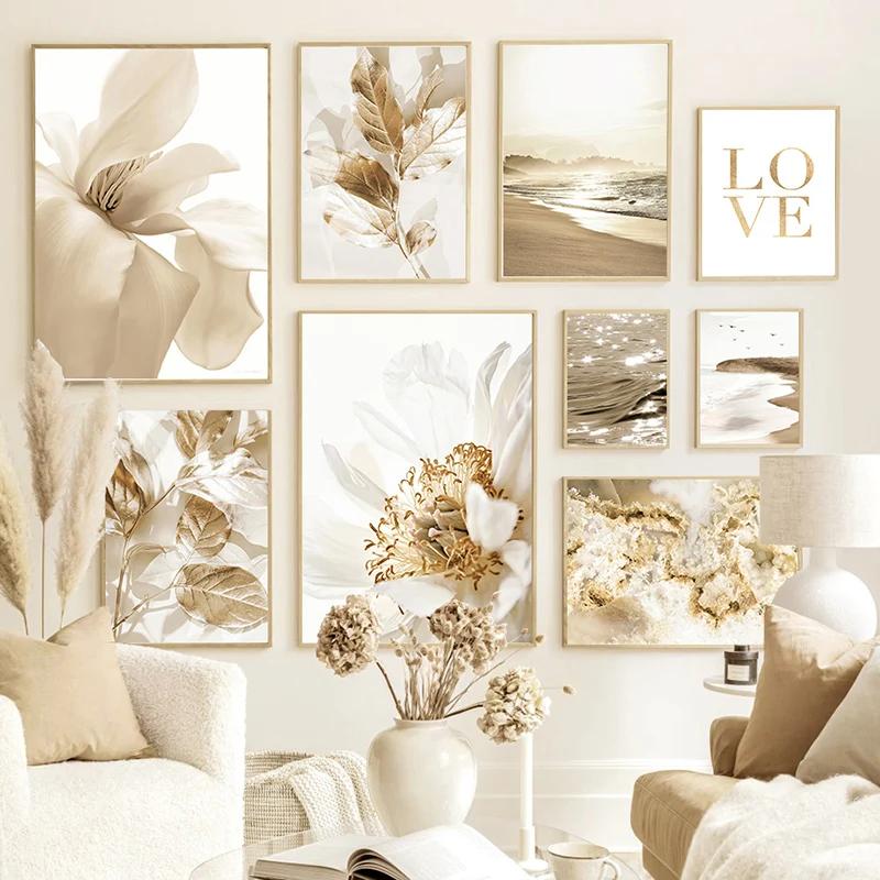 1pc Frameless Nordic Modern Art Picture Canvas Painting Golden Leaf Beach Landscape Poster and Printing Home Decor Living Room