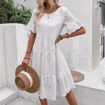 Fashion Solid Hollow Embroidered Lace White Dress Women Summer Short Sleeve Elegant Casual Dresses Women Vintage Round Neck A Line Loose Dress 24563