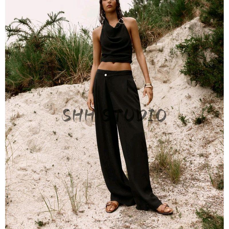 Hanging Collar Sleeveless Elegant Tops 3564127 Cross Waist Wide Leg Comfort and Casual Pants 3564128