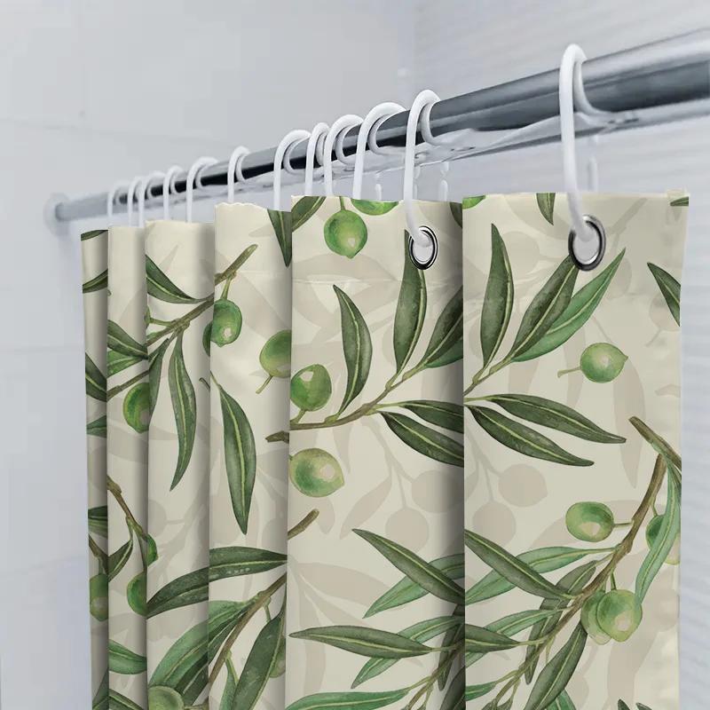 Olive Branches Shower Curtain Natural Green Fruit Pattern, Waterproof Fabric Decor For Bathroom Tiles Backdrop In Bathrooms Kitc