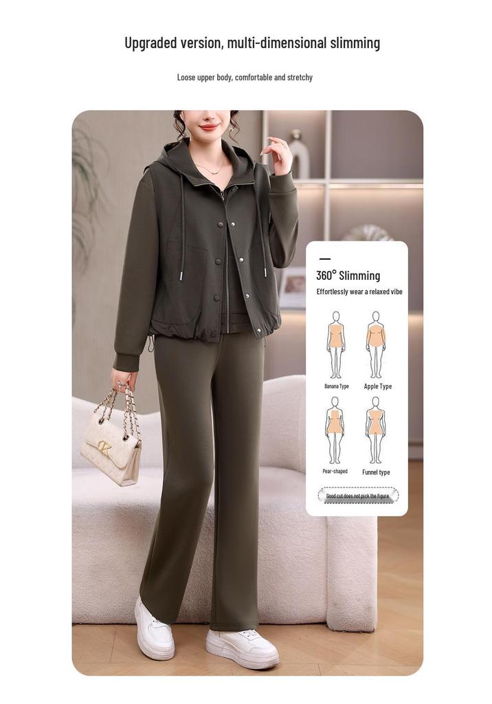 Autumn 2026 Women's Casual Three-Piece Set: Hooded Sweatshirt, Vest, and Pants.