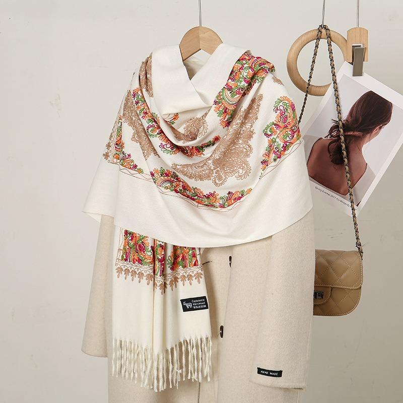 Autumn and winter new diamond-shaped embroidered imitation cashmere scarf women's popular thickened warm fringed shawl