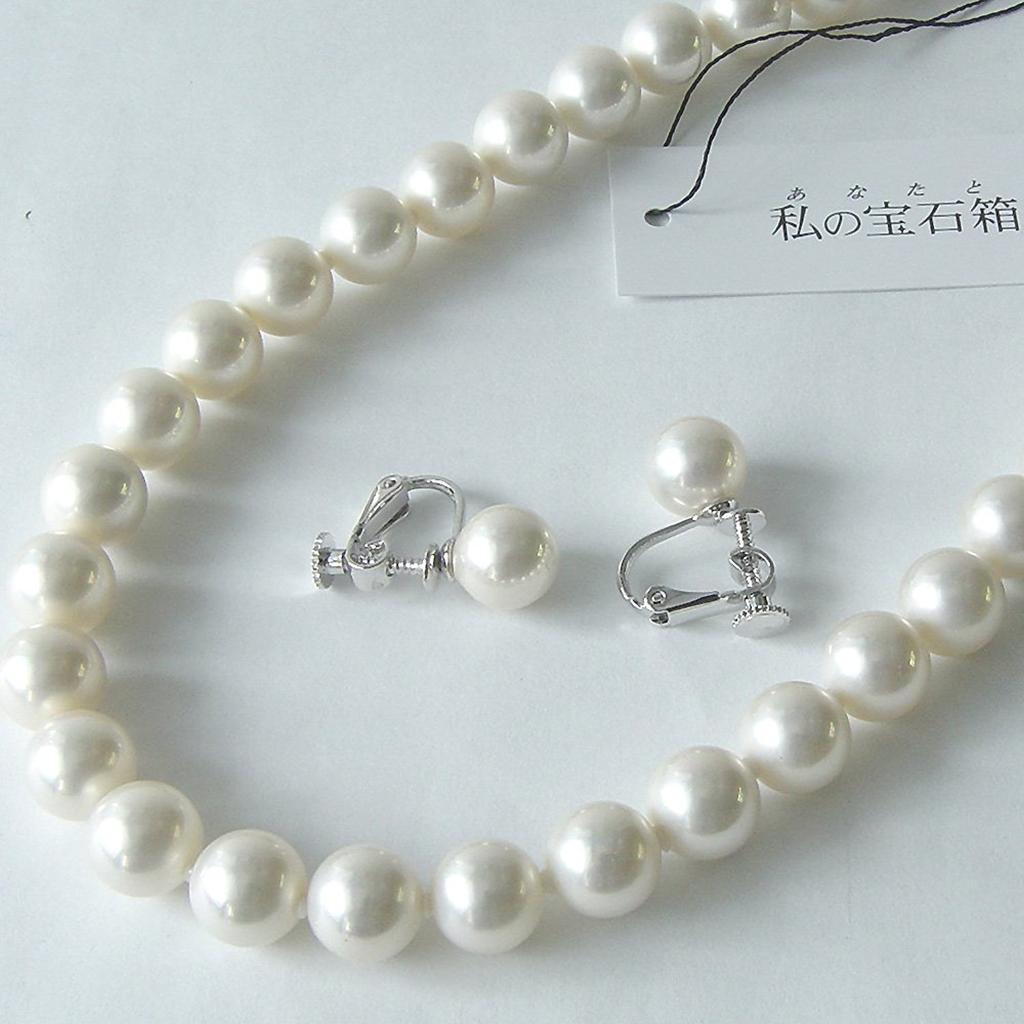 [Your and My Jewelry Box] Velveteen Case Large Pearl Necklace and Earrings or Pierced Earrings Set 9.0mm Hanadama Pearls Length Selection (42,