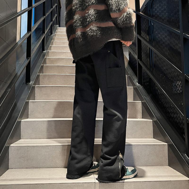 Splicing Zipper Denim Trousers Men's Autumn and Winter Hong Kong Style Ins Trendy Personality Handsome Loose Straight Burrs Pants