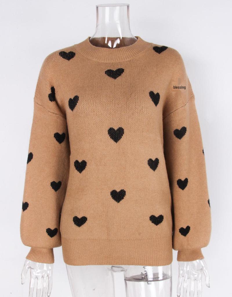 Heart Jacquard Round Neck Pullover Sweater for Women - Autumn/Winter Valentine's Day Style