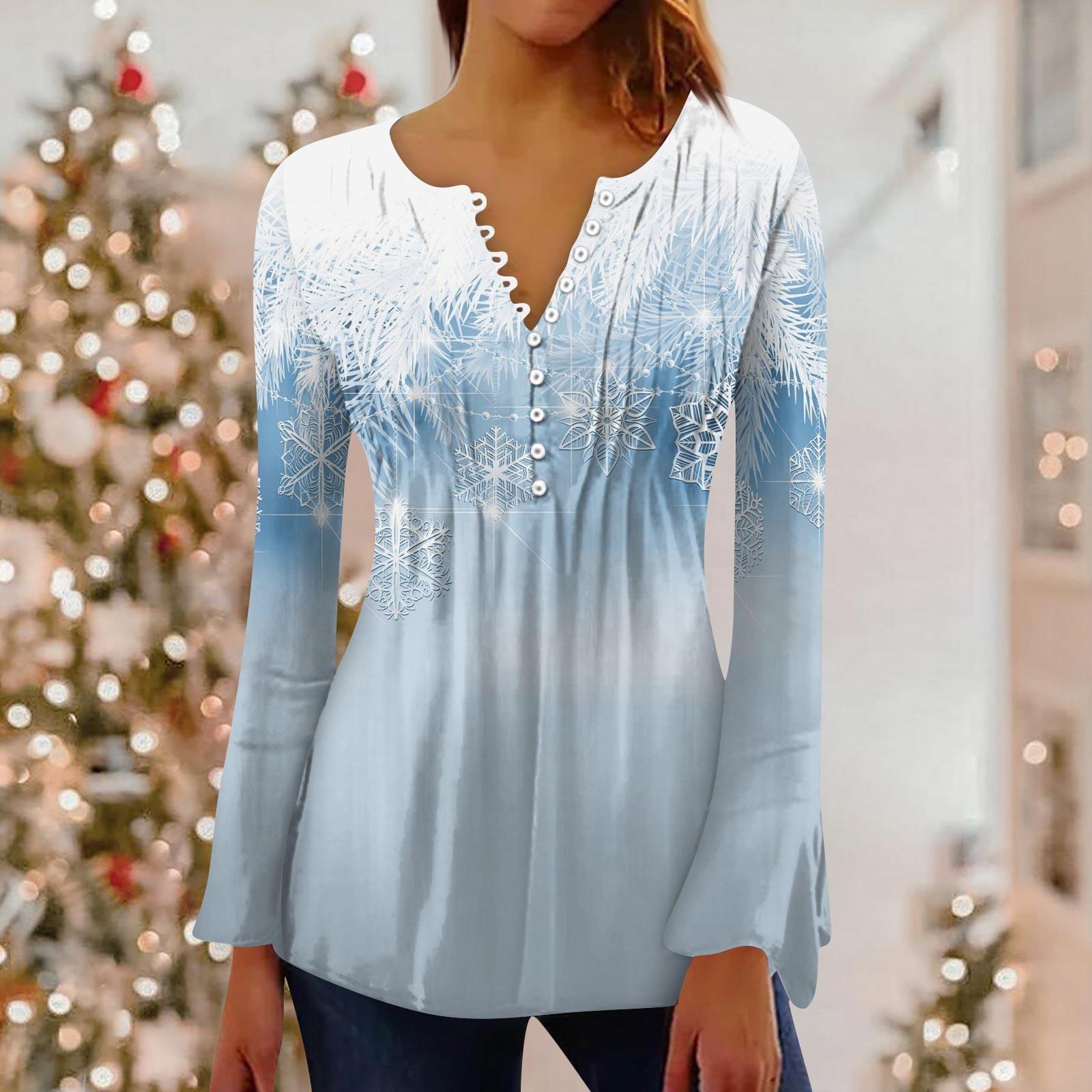 

Women s Printed Bell Sleeve Button Collar Button Print Long Sleeve Holiday Basics Tunic Slim Top Print Ethnic Top Summer T-Shirt XL