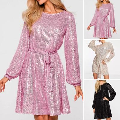 Vestido feminino brilhante lantejoulas em torno do pescoço manga longa rendas cintura apertada espumante macio commute clube festa acima do joelho mini vestido
