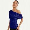 2023 Sequined Glitter Beaded Oblique Collar Short-Sleeve T-Shirt for Women - European/American Summer Style