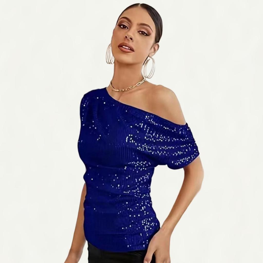 2023 Sequined Glitter Beaded Oblique Collar Short-Sleeve T-Shirt for Women - European/American Summer Style