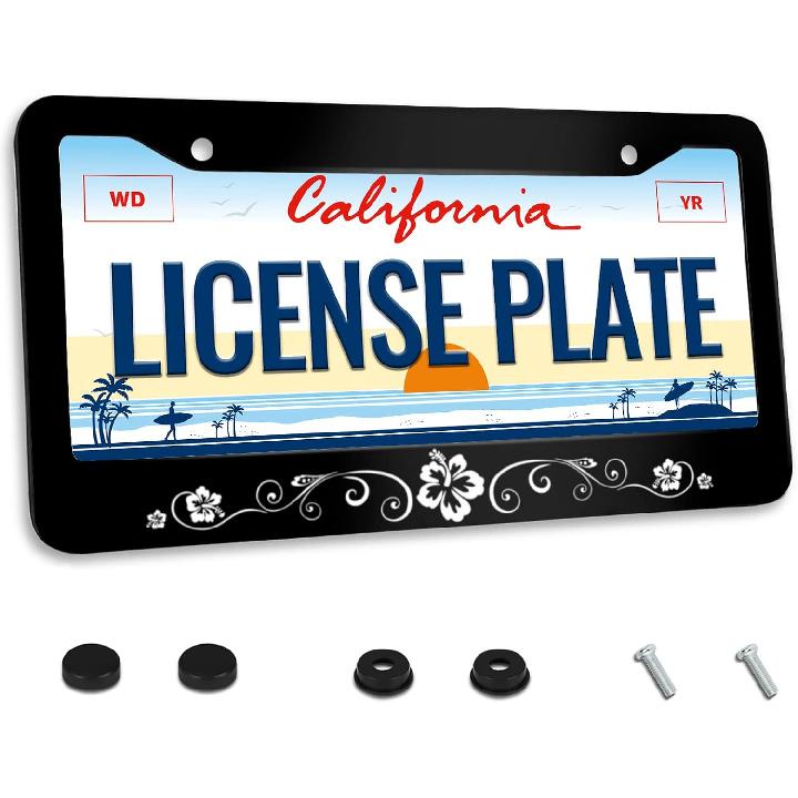 Hibiscus License Plate Frame Beautiful Flower License Plate Frames For Car Decorative Parts Stainless Steel License Plate For Standard Us Canada