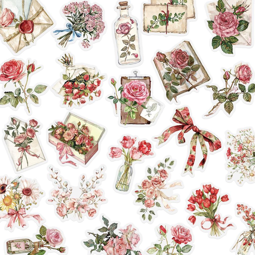 50 Literary Handbook Materials Flowers and Letters Sticker Pack Creative DIY Greeting Cards Water Cup Available for Wholesale