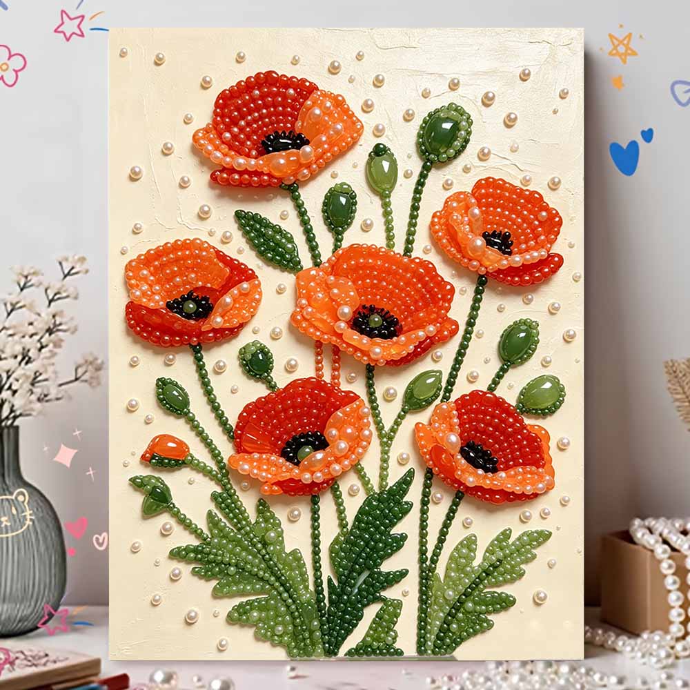 Elegant Framed Pearl Art DIY Set with Vibrant Poppy Flower Design 5D Sparkling Bead Canvas Painting Ready to Display Romantic Home Decor Gift