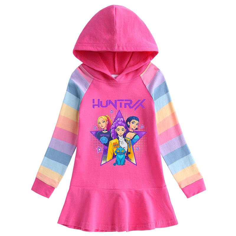 Frühling Herbst Kpop Hexenjagd Team Lotusblatt Rand Cartoon Regenbogen Mädchenkleid Baumwolle Langarm Hoodie Hundert Falten Prinzessinnenkleid