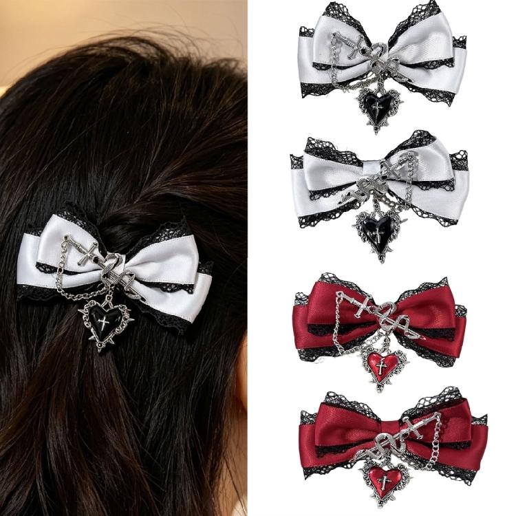 Fermaglio per capelli con design a catena a forma di cuore e fiocco, Barretta in pizzo punk per donna/ragazza, per abbigliamento casual e formale, Accessorio per capelli anime, 2 Pezzi