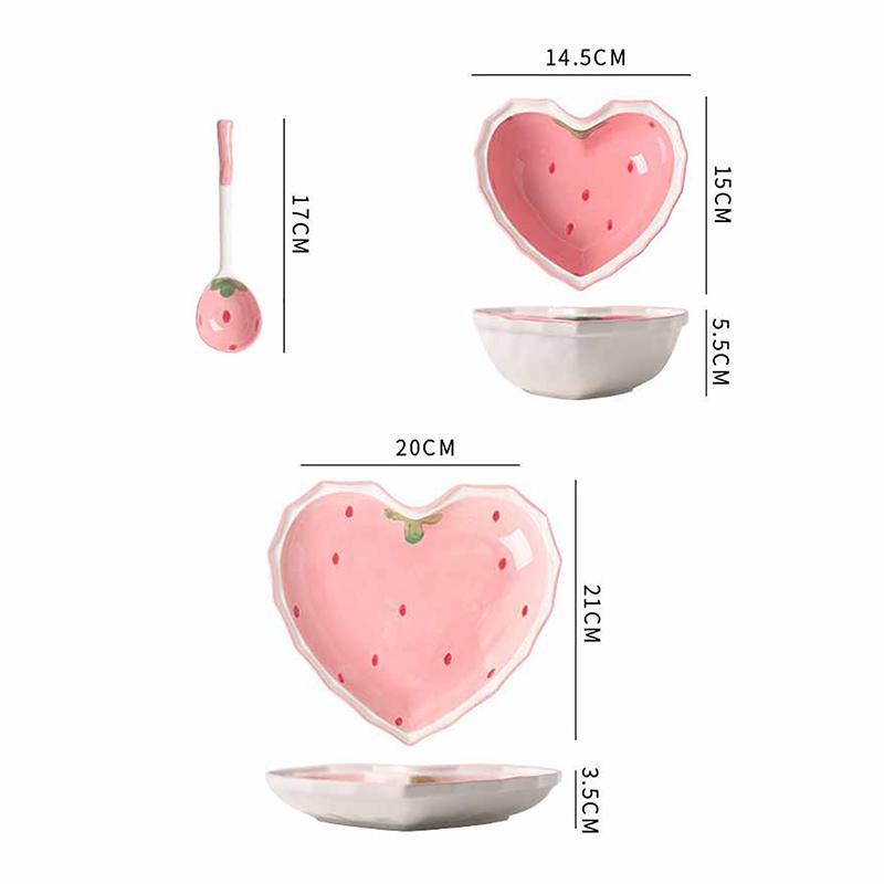 Strawberry Bowl Spoon Plate Set Beautiful Girl Heart Bowl Salad Bowl Dessert Household Tableware