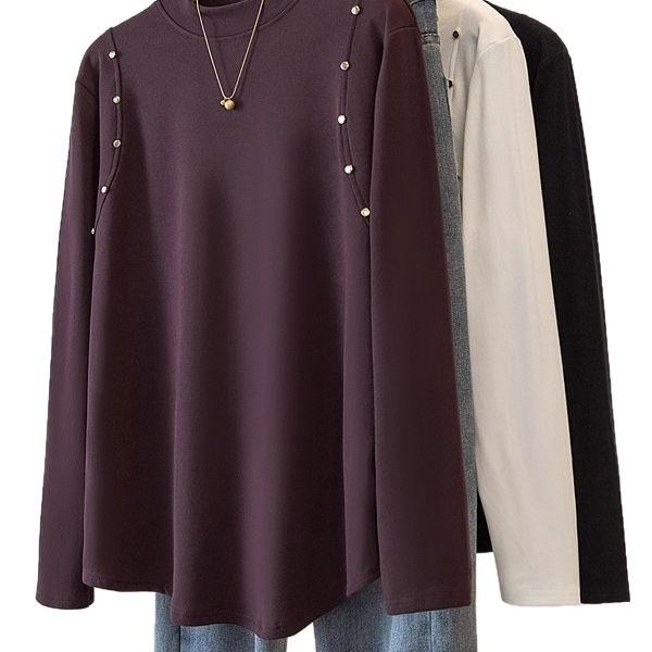 Plus Size Women's Velvet Long Sleeve Top - Half-High Neck, Loose Fit, Stylish Flaw Cover, Autumn/Winter Collection