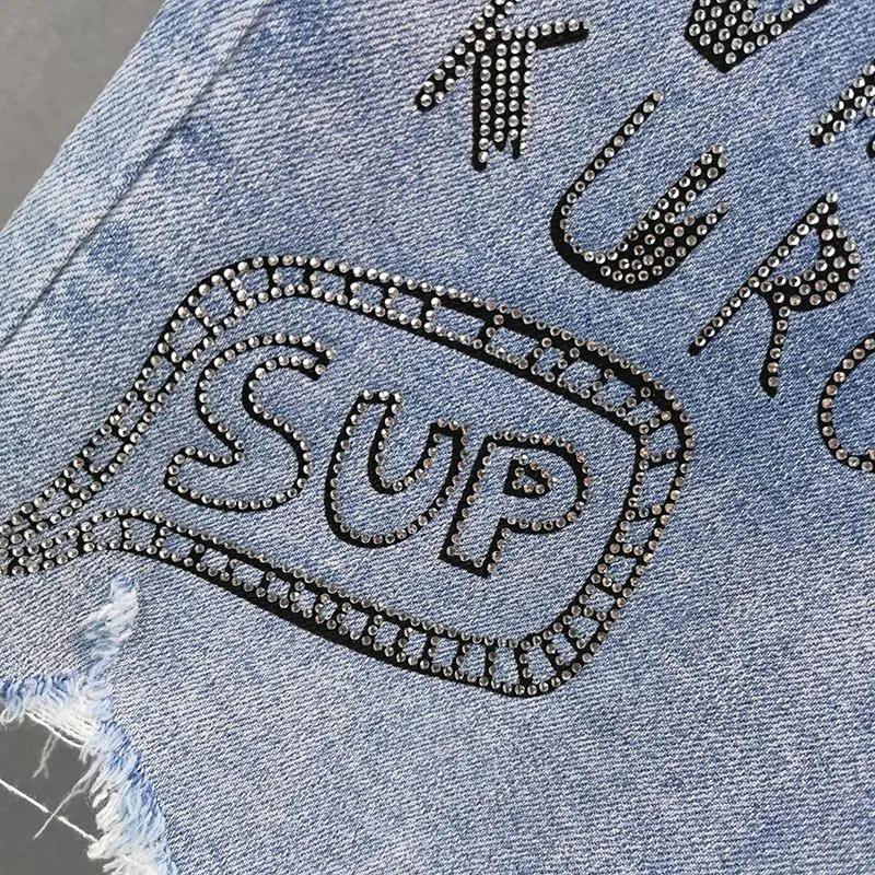 Jean Denim Bleu Pantalon Cinq Quarts Streetwear Femme Été 2025 Nouveau Taille Haute Ample Jeans à Strass Lettre Shorts Décontractés Femme