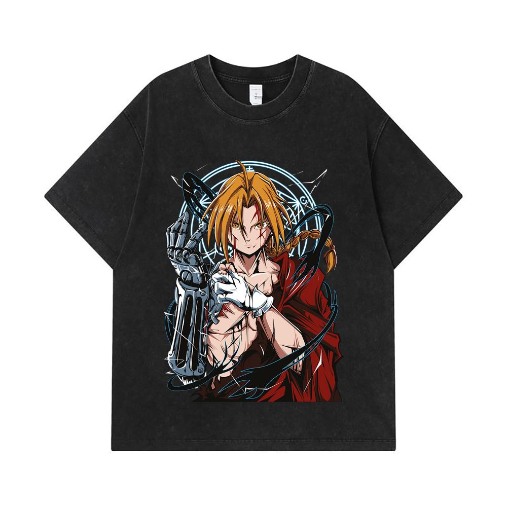 275 GSM Washed T-shirts 100% Cotton Fullmetal Alchemist V6 Edward Print Unisex Heavy Cotton T Shirt