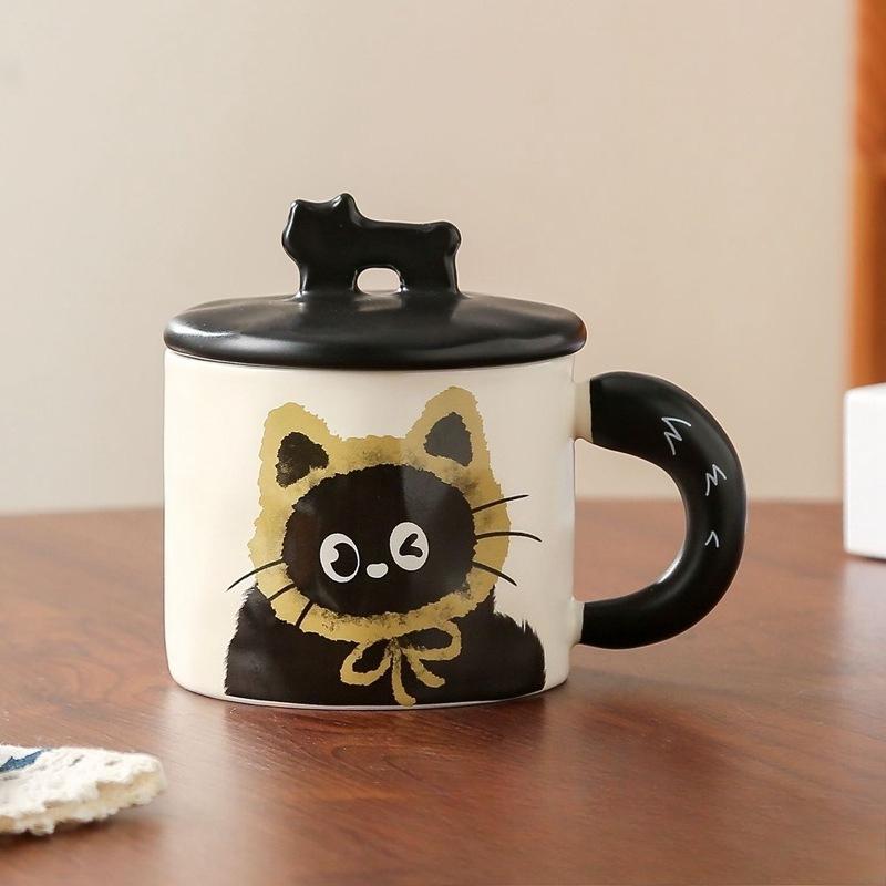 

Cute Cat Ceramic Mug Practical Gift for Besties Home Drinking Cup Office Coffee Cup with Lid 359ml