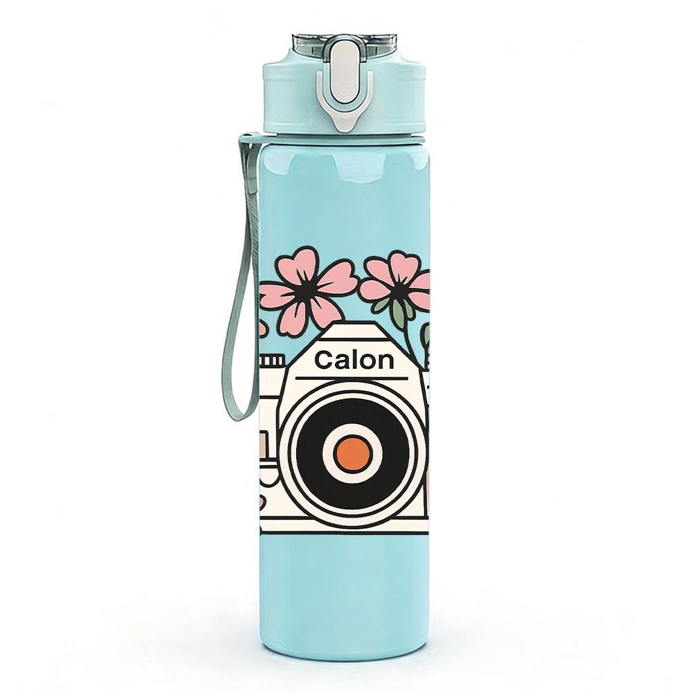 1PC Floral Frame Vintage Camera 750ml Color Plastic Sports Water Bottle Leakproof Flip Straw Lid For Sports Office Home Use