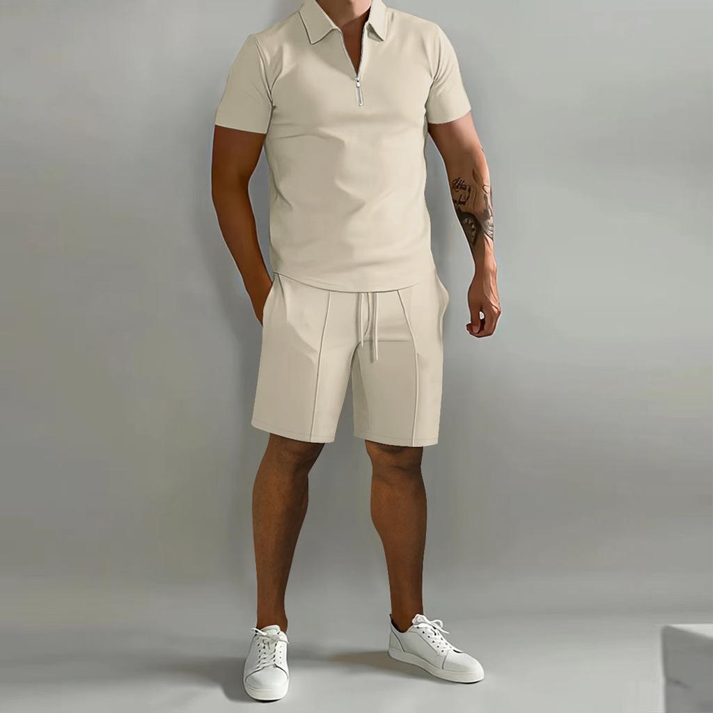 Spring/Summer Men's Sets Lapel Zipper Short-Sleeved Polo Drawstring Shorts 2-Piece Set Fashion Daily Suit Sports Fitness Clothes