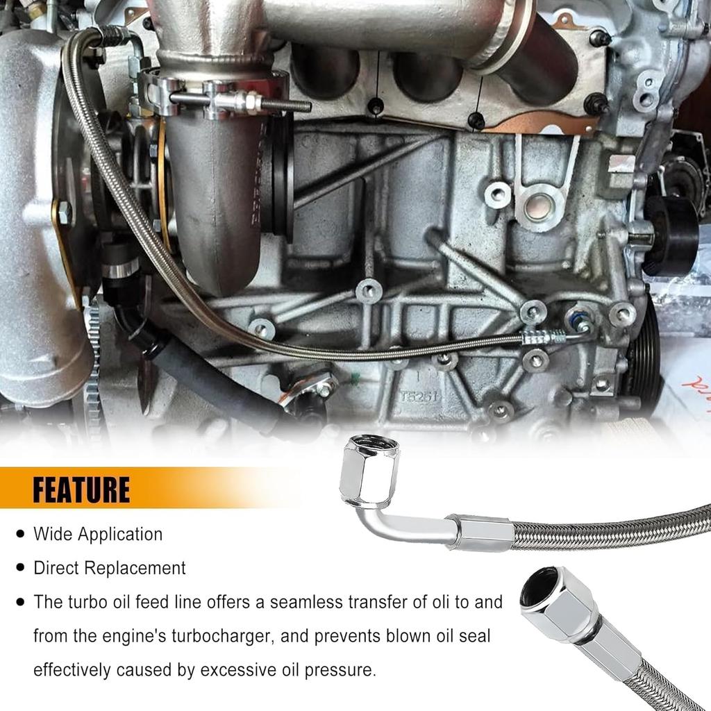 551871 4AN Turbo Oil Feed Line 12" Length Stainless Steel Braided AN4 90 Degree End Straight Hose End 4AN Pressure Stainless Remote Turbocharger Oil