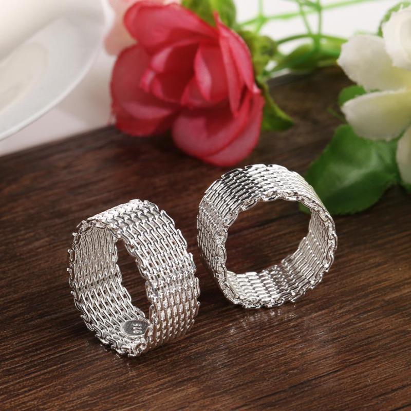 Women Wide Net Woven Mesh Style Finger Ring Silver Plated Jewelry Charms Gift