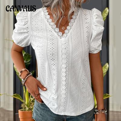 Літня жіноча футболка з мереживною вставкою, V-подібним вирізом, рукавом-підковою, з коротким рукавом