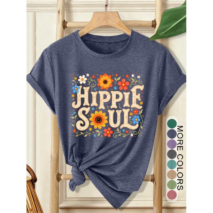 Women's Elegant Style Plus Size Loose Short Sleeve Hippie Soul Hippie Floral Print Pattern Round Neck Women's Comfortable Soft Breathable New Spring
