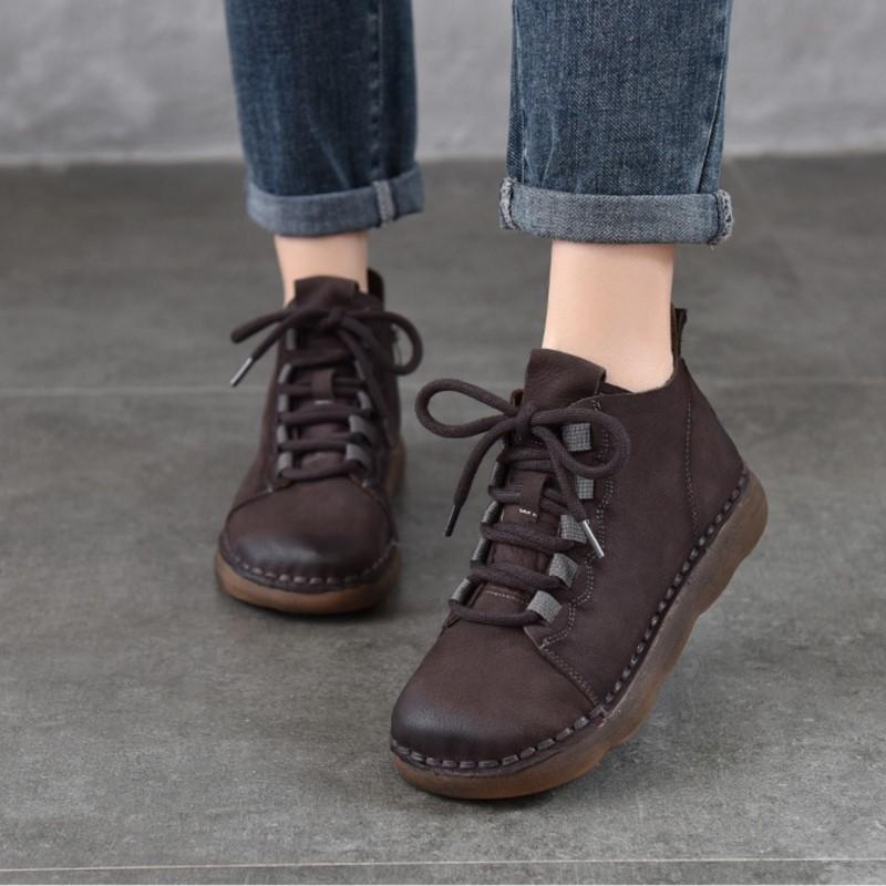 Johnature Scarpe da Donna in Vera Pelle Morbida Pelle Bovina Punta Rotonda Retro Stivaletti Bassi Piatti con Suola Morbida