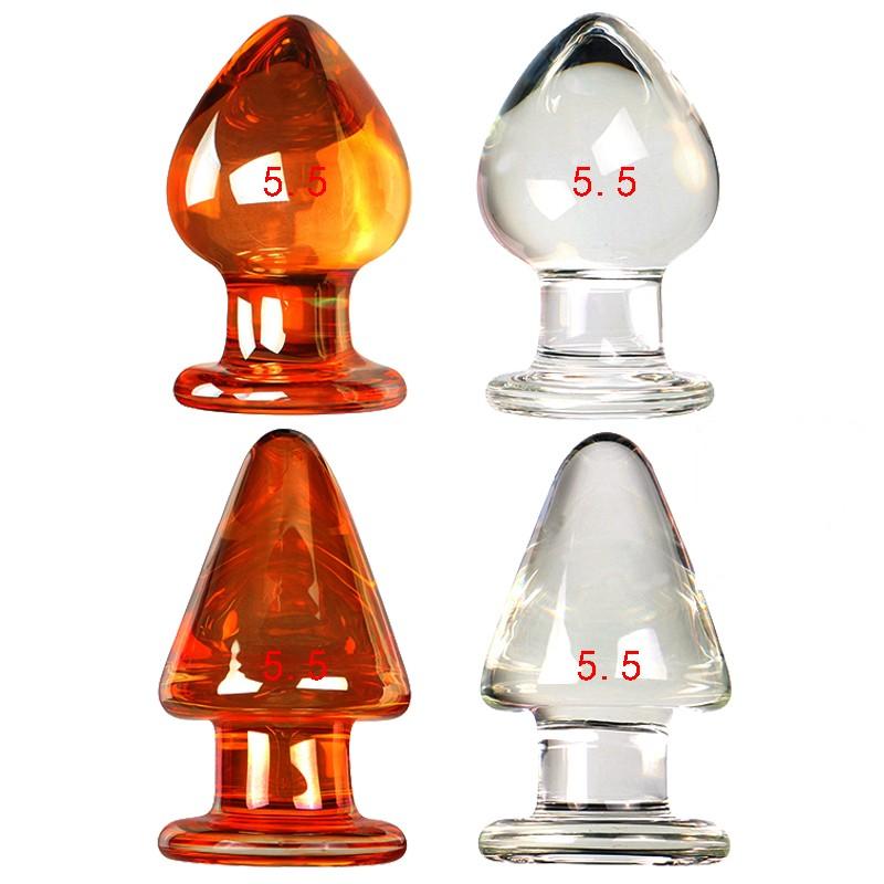 VaHppy Sklenené análne kolíky veľké 5,5 cm priehľadné/zlaté SM BDSM Sexuálne hračky pre dospelých Unisex lesbický gay análny masturbátor stimulácia