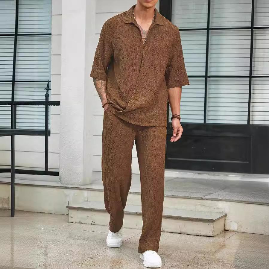 

Летний повседневный комплект из двух предметов: мужская однотонная рубашка с короткими рукавами и повседневные брюки, комплект из двух предметов XXXL кофейный