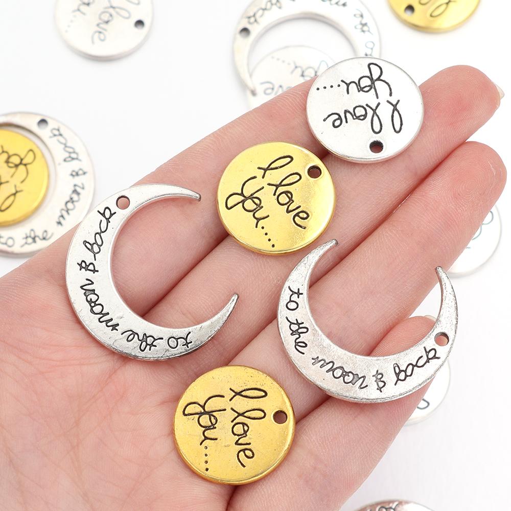 10pcs/lot Retro Alloy Pendant Double-sided Engraved Letters Round Moon Shaped Necklace Pendant DIY Handmade Fashion Jewelry Gift