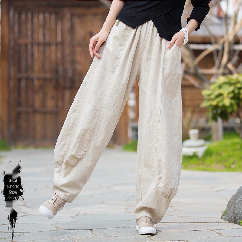 Dambyxor i Zen-stil av ramie, sandtvättade, med vida ben - Vår/Sommar, Casual, Hem- och Resplagg