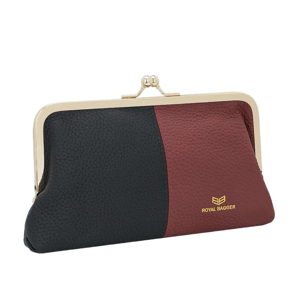 

[Royal Bagger] RFID-Blocking Genuine Cowhide Leather Clutch Wallet for Women, Elegant Evening Wallet with Kiss Lock and Phone Holder 2868 (Schwarz