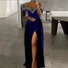 Women's Off Shoulder Rhinestone Decor V Neck High Slit Bodycon Maxi Evening Party Dress